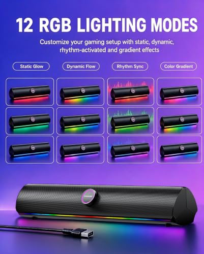 Computer Speakers for Desktop PC, Bluetooth 5.4 Sound Bar with Bass Boost, RGB Light Modes & Touch Buttons – HiFi Stereo USB Speakers for Gaming, Movies, Music, and Home Office - color: USB Powered