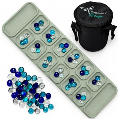 Travel Mancala Game Set – Flexible Silicone Roll-Up Board, 50 Stones & Zippered Canvas Bag – Portable Strategy Game for Adults & Teens (Sage Green) - color: Sage Green