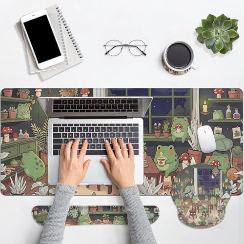 Arttown Keyboard Mouse Pad Set, 4 in 1 Desk Mat Set Frog Cute | Cartoon Plant Large Mousepad+Keyboard Wrist Rest+Mouse Wrist Rest+Coaster Ergonomic Design for Home Office Computer - color: Cute Frog