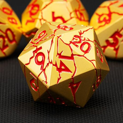 DND Dice Set Metal,Polyhedral D&D Metallic Heterotypic D and D Dice with Cracks for Dungeons and Dragons RPG TTRPG 7-Die Set with Gift Case (Crack, Gold and Red) - color: Gold and Red