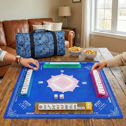 American Mahjong Tile Set with Mat - Premium Quality Melamine Mahjong Set with 166 Scratch-Resistant Tiles, Complete Accessories, and Portable Blue Carrying Case for Timeless Fun
