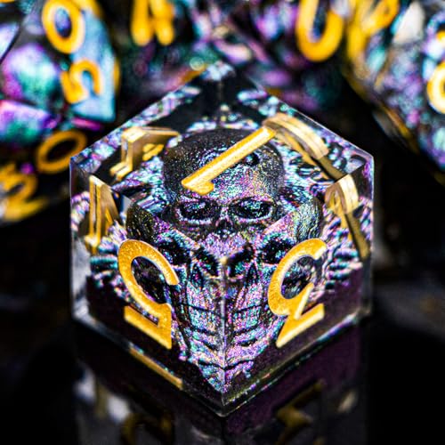 DND Skull Dice Set 7PCS Necromancer Polyhedral Dice for Dungeons Dragons RPG Role Playing Game, Resin Sharp Edged D and D Dice with Gift Box D6 D8 D10 D12 D20 (Purple Green) - color: Purple Green&gold