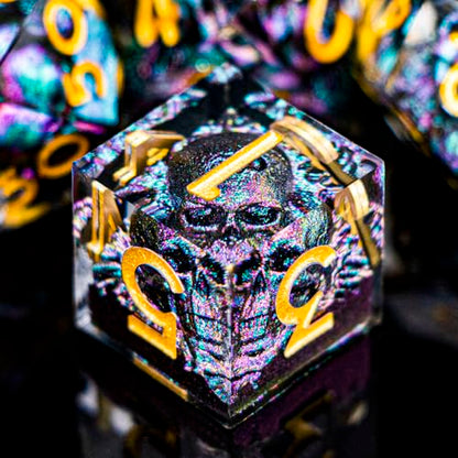 DND Skull Dice Set 7PCS Necromancer Polyhedral Dice for Dungeons Dragons RPG Role Playing Game, Resin Sharp Edged D and D Dice with Gift Box D6 D8 D10 D12 D20 (Purple Green) - color: Purple Green&gold
