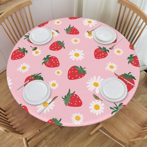 Delerain Strawberry Flowers Round Fitted Tablecloth, Waterproof Round Table Cloth with Elastic Edged Washable Table Cover for Indoor Outdoor Fits 40"-44" Tables, Small - color: Strawberry Flowers, size: 44" (Round)