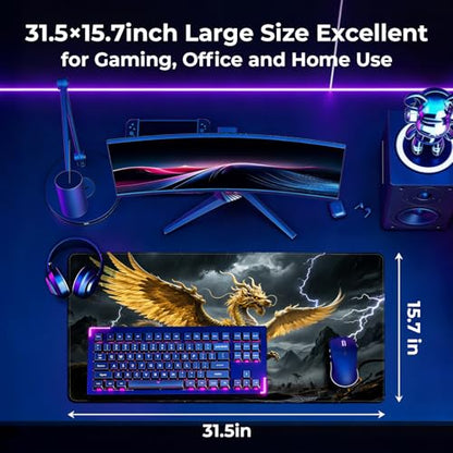 Large Thunder Dragon Gaming Mouse Pad, Chinese Desk Mat 31.5X15.7 | HD Print, Non Slip Rubber Base, Waterproof Fabric Top, Stitched Edges, Ideal Gift for Dorm, Home, Office & Back to School - color: Black