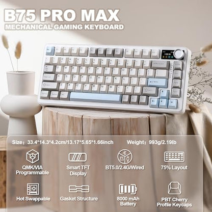 YUNZII B75 PRO MAX QMK/VIA Wireless Mechanical Keyboard | 75% Layout with Screen and Knob, Custom Hot Swap, Gasket, Creamy Switches, for Win/Mac (Beige,Cocoa Cream V2 Switch) - color: Beige, size: Cocoa Cream V2 Switch