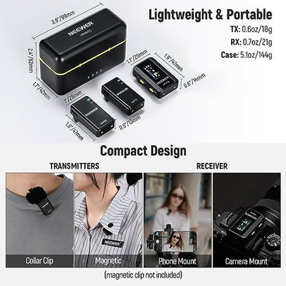 NEEWER CM28 Wireless Lavalier Microphone, Smart Noise Cancelling Lav Mic, 48KHz/16Bit 9hrs Uncompressed Recording, 200m Range, 4GB Storage for iPhone, Android, Camera, 1 RX + 2 TX + Charging Case - style: CM28 Set