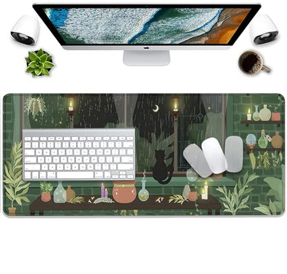 Black Cat Mouse Pad Green Plants Desk Mat Pad Anime Large Gaming Cartoon Cute Mouse Pad,Stitched Edges Non-Slip Waterproof Rubber Base Mous Mat for Office Home Work Gaming(27.5X11.8 in) - color: Candlelight Windowsill-cat