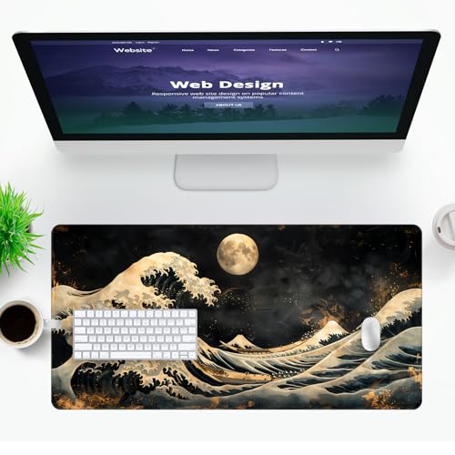 VNDL Large Japanese Black and Gold Gaming Mouse Pad, Sea Waves, Premium Non-Slip Anime Desk Pad for Office, Extended XL XXL Mouse Mat and Laptop Pad, Waterproof and Stiched Edges 31.5 x 15.7 in (wg1) - color: wg1