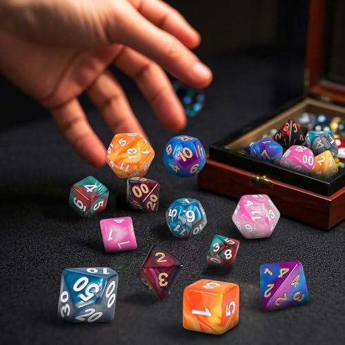QMay DND Dice Sets - 6 X 7 Polyhedral Dice (42pcs) with 6 Drawstring Bags for Dungeons and Dragons, RPG, MTG,Role Playing Table Game - color: 6 Sets-42pcs