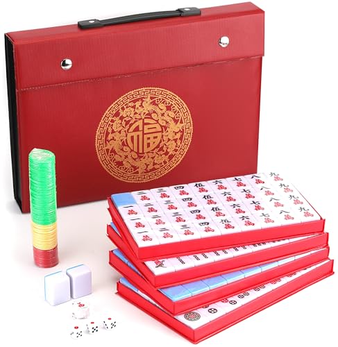 Mose Cafolo Traditional Chinese Mahjong Set – 144 Melamine 34mm Standard Size Tiles + 2 Spare Tiles, No Arabic Numerals, Travel Case, Complete Mahjong Game, Blue - color: Blue