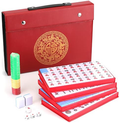 Traditional Chinese Mahjong Set 144 Melamine 34mm Tiles No Arabic Numerals | Standard 34mm Blue melamine tiles include 144 game tiles plus 2 spares and travel case for complete Mahjong Majiang game set - color: Blue
