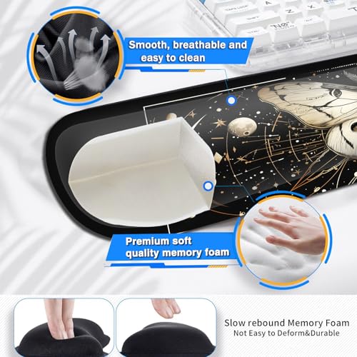 Large Gaming Mouse Pad+ Keyboard Wrist Rest Set, Ergonomics Memory Foam Mouse Mat Wrist Rest Support for Home Office, Waterproof Extended Mousepad 31.5x11.8in, Moth Black Desk Pad - color: Yvb-mousepad-9-f-164