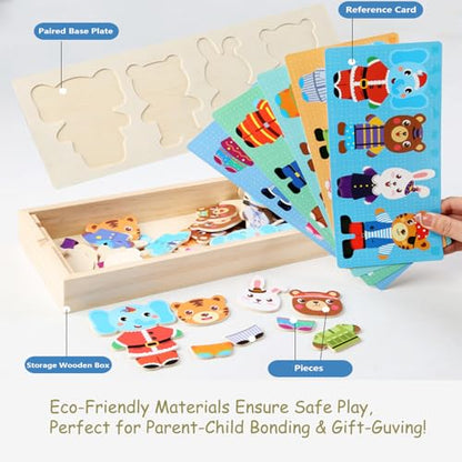 Wooden Bear Family Dress-up Puzzle Box for Toddlers(60pcs),Change Clothes Puzzle Games, Preschool Learning Activities Toys for Kids Ages 3+ - color: Mixed