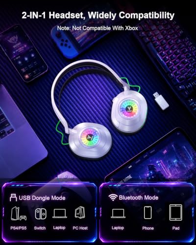 Vakedy Wireless Gaming Headset for PS5,PS4,Mac,Switch, RGB 20ms Latency | 2.4GHz & BT Gaming Headphones, 50H Battery and Noise Canceling Mic for Fortnite & Call of Duty/FPS Gamers, 50MM Drivers - color: White/Black