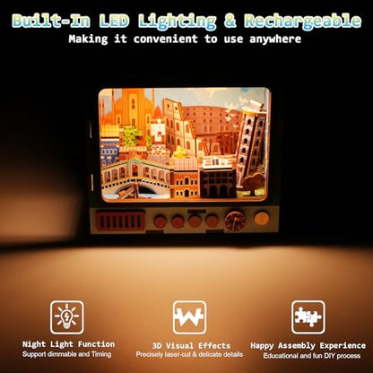 Travels to Venice 3D Wooden Puzzle with LED Lights, DIY Craft Model Kit for Adults & Kids, Creative Building Set and Unique Home Decor Gift for Travel Lovers - style: Travels to Venice