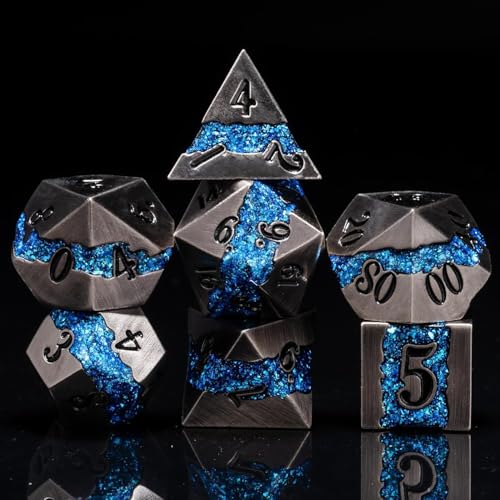 Metal DND Dice Set, 7PCS Polyhedral Metal Dice with Galaxy Glitter Inlay, Heavy RPG Dice Set for Dungeons and Dragons, Pathfinder Tabletop Games - color: Ancient Nickel Brilliant Blue