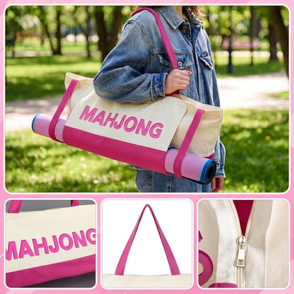 Abbylike 28x9 Inches Mahjong Bag for Rolled Mat Tiles Racks Pushers Accessories Empty Mahjong Tote Bag with Zipper Closure Outer Pockets Lining Large Capacity(Beige&hot Pink,Canvas) - color: Beige&hot Pink