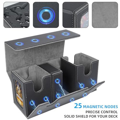 AFIING MTG Commander Card Storage Box - Fits 200 Double Sleeved Cards,3-in-1Card Deck Case,Strong Magnet Card Organizer For Magic Commander TCG CCG,4Dividers &2 Toploaders, Black/Grey - color: Black Grey