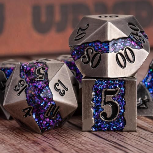 Premium Metal Dice Set for DND, 7PCS Polyhedral RPG Dice with Galaxy Glitter Inlay, Unique Metal Dice for Dungeons and Dragons Players - color: Antique Nickel Violet