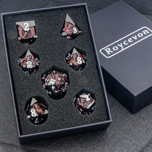 Roycevon Relief Dragon DND Dice Set for Role Playing Game, 7Pcs Metal D&D Dice Set Dungeons Dragons with Gift Box, Polyhedral D and D Dice D20 D12 D10 D8 D6 D4, Red and White - color: Red and White