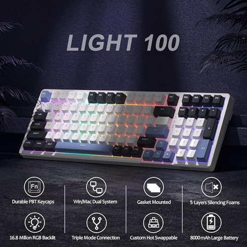 MageGee LIGHT100 Wireless Creamy Keyboard, Gasket Structure Hot Swappable, Tri-Mode 2.4G/USB-C/BT5.0 RGB Backlit Mechanical Gaming Keyboard for Win/Mac/PC, PBT Keycap, 4000mAh Battery, Blue - color: Black Blue/Ivory White Switch