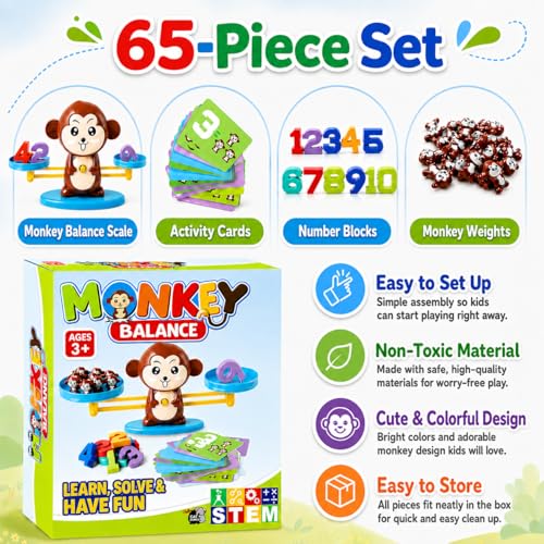 CozyBomB™ Monkey Scale Balance Toy, Number Counting Math Games | STEM Preschool Learning Toys Educational Gifts Boy Girl Birthdays Christmas for 3 4 5 Year olds Homeschool Kindergarten - color: Brown