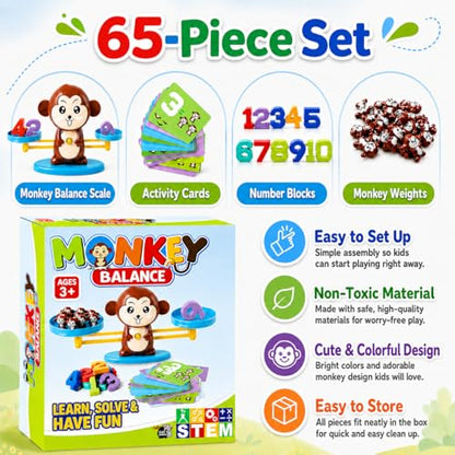 CozyBomB™ Monkey Scale Balance Toy, Number Counting Math Games | STEM Preschool Learning Toys Educational Gifts Boy Girl Birthdays Christmas for 3 4 5 Year olds Homeschool Kindergarten - color: Brown