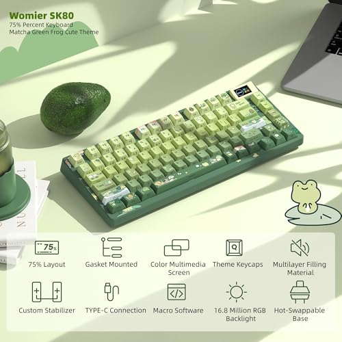 Womier SK80 75% Keyboard with Color Multimedia Display Mechanical Keyboard | Gaming Keyboard Cute Green Frog Wired Hot Swap Gasket Mount RGB Custom Key board, Pre-lubed Stabilizer for Mac/Win, Green - color: Green