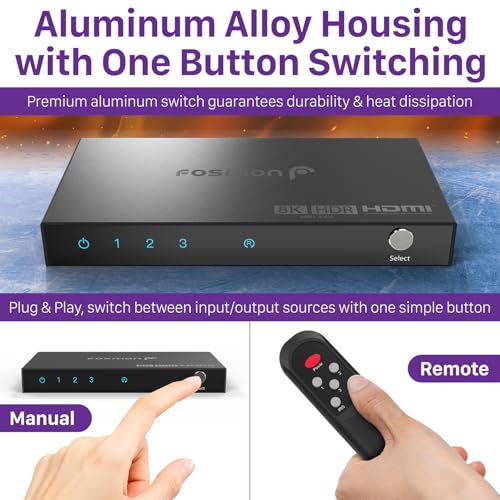 Fosmon 3-Port HDMI 8K Switch with Remote, Support 8K@60Hz 4K@120Hz HDR10+ HDCP 2.3 High Speed 48Gbps 3 in 1 Out Auto-Switching 3x1 HDMI 2.1 Switcher Splitter Hub Compatible with PS5, Xbox X, Apple TV - style: 8K HDMI Switch 3 In 1 Out