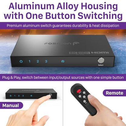 Fosmon 3-Port HDMI 8K Switch with Remote, Support 8K@60Hz 4K@120Hz HDR10+ HDCP 2.3 High Speed 48Gbps 3 in 1 Out Auto-Switching 3x1 HDMI 2.1 Switcher Splitter Hub Compatible with PS5, Xbox X, Apple TV - style: 8K HDMI Switch 3 In 1 Out