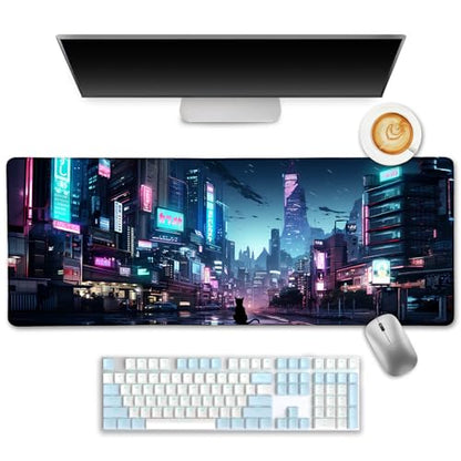 LIMKRIAN Cyberpunk Mouse Pad, Japanese Anime Cat Neon Tokyo Desk Mat Pad | Stitched Edges, Non-Slip, Large Mouse Pads for Desktop Computer Laptop Office Work Game Home, 31.5x11.8 in, Desk Accessories - color: Neon Tokyo