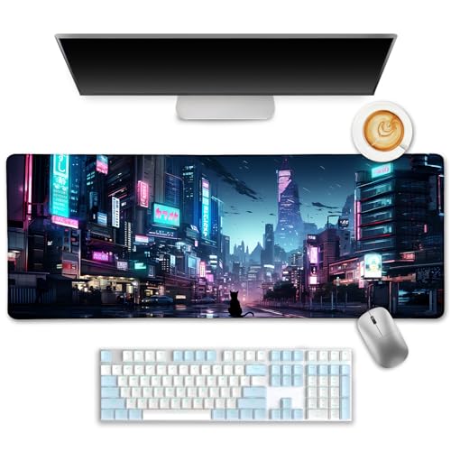 LIMKRIAN Cyberpunk Mouse Pad, Japanese Anime Cat Neon Tokyo Desk Mat Pad | Stitched Edges, Non-Slip, Large Mouse Pads for Desktop Computer Laptop Office Work Game Home, 31.5x11.8 in, Desk Accessories - color: Neon Tokyo