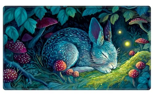 Mystic Moonlight Bunny TCG Playmat - Enchanted Forest & Mushroom Fantasy Art - Aesthetic Card Gaming Mat for MTG - 24" x 14" Tabletop Battle Pad with Premium Stitched Edges - color: Enchanted Forest Sleeping Bunny, size: 24"X14" Without Zones