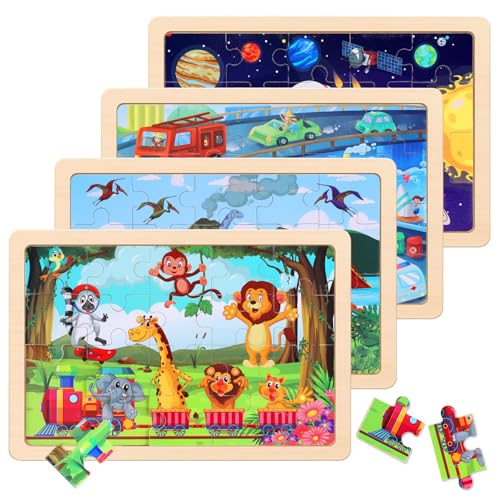 Wooden Educational Jigsaw Puzzles for Preschool Kids Ages 3-5, 4-Pack with 20 Pieces Dinosaur, Space, Transportation Wood Puzzles Set, Kids Brain Teaser Toys, Gifts for Boys Girls Ages 3 4 5 6 - color: Mixed Styles B