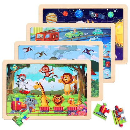 Wooden Educational Jigsaw Puzzles for Preschool Kids Ages 3-5, 4-Pack with 20 Pieces Dinosaur, Space, Transportation Wood Puzzles Set, Kids Brain Teaser Toys, Gifts for Boys Girls Ages 3 4 5 6 - color: Mixed Styles B