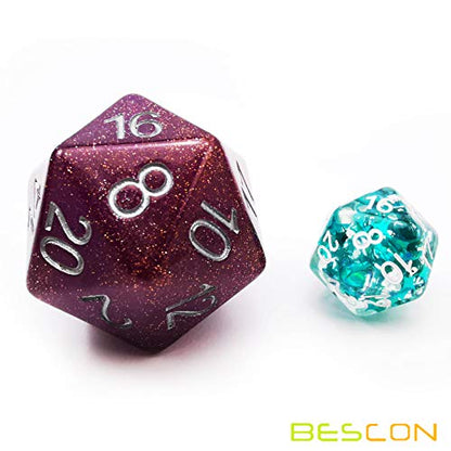 Bescon Glitter Jumbo D20 38MM, Big Size 20 Sides Dice Glitter Purple, Big 20 Faces Cube 1.5 inch - color: Glitter Purple