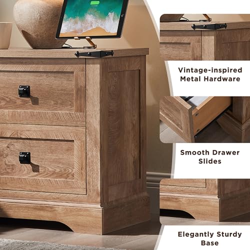 T4TREAM 24" Farmhouse Nightstand with Charging Station, Light Knotty Oak | End Table, 2 Large Storage Drawers, Rustic Wood Sofa Bedside Table, Bedroom, Living Room - color: Light Knotty Oak, size: 24"W*15.75"D*24"H