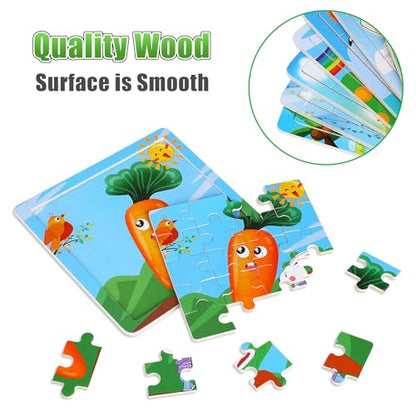 SANNIX 12 Pack Wooden Jigsaw Puzzles for Toddlers 3 4 5 Years Old | Party Favors Animals Jigsaw for Kids, Transportation Educational Puzzles Travel Toy with 12 Organize Bags - style: Fruits