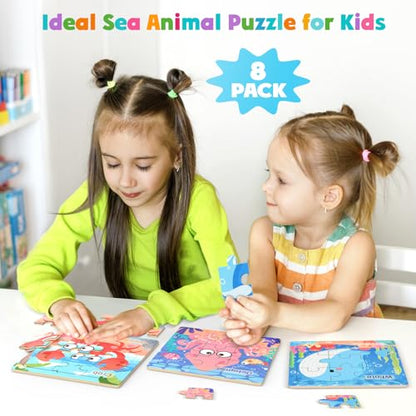 Zeoddler Wooden Puzzles for Toddlers, 8 Pack Sea Animal Jigsaw Puzzles for Kids3-5, 9 Pieces Preschool Learning Activities, Learning & Educational Toys, Gift for Boys, Girls - style: Sea Animal
