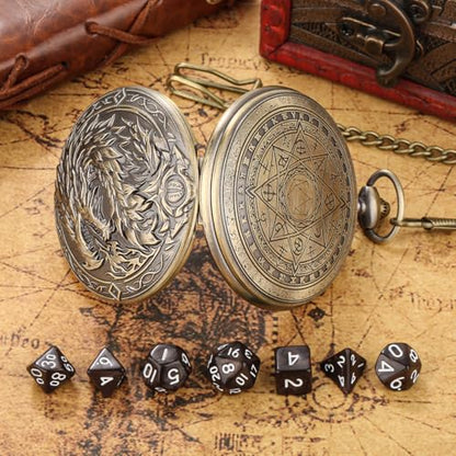Mini DND Dice Set with Steampunk Dragon Large Pocket Watch Shell Case, 7-Piece Polyhedral Acrylic D&D Dice, DND Gift Bag with Dragon Logo, Role Play Board Game Accessories, Bronze + Brown - color: Bronze + Brown
