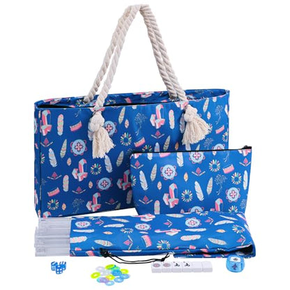 TIASUSAN American Mahjong Tiles Set, 166 White Tiles, Blue Printed Bag with Entire Accessories, 4 All-in-One Rack/Pushers, Mahjong Game Set - color: Blue 02