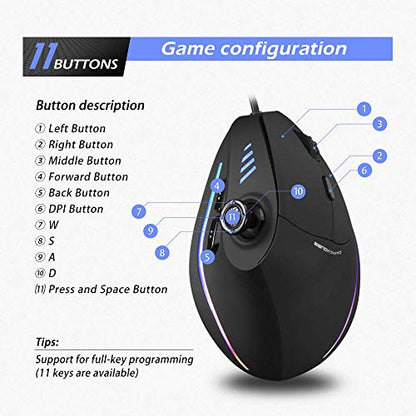 Zeerkeer Ergonomic Vertical Mouse, RGB Wired Vertical Gaming Mouse with Joystick, 10000 Max DPI and 11 Programmable Buttons for Gamers, Computer (Wired)