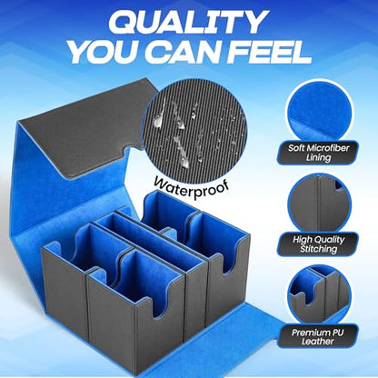 NOVA 5 in 1 MTG Deck Box Commander Case - MTG Deck Box with Secure Magnetic Closure, Dice Tray & Card Dividers - 400+ Double-Sleeved Card Storage, Travel Ready Case [Black and Blue]