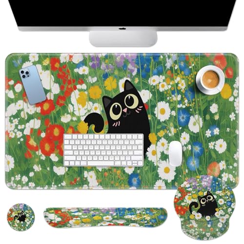 Arttown Red White Blue Flower Desk Mat Cute Black Cat Mouse Pad Set 4 in 1 Ergonomic Design Large Desk Pad + Keyboard Wrist Rest + Mouse Wrist Rest + Coaster Suitable for Home Office Study Game - color: Black Cat