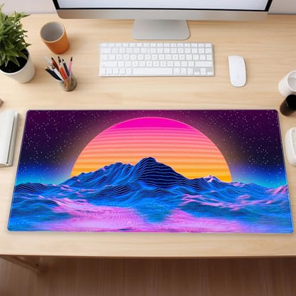 Synthwave Gaming Desk Mat, Retro 80s XXL Large Mouse Pad 31.5x15.7 in | Aesthetic outrun neon desk pad with comfortable 3mm cushion, smooth cloth surface, and non-slip rubber base. - color: Digital Art