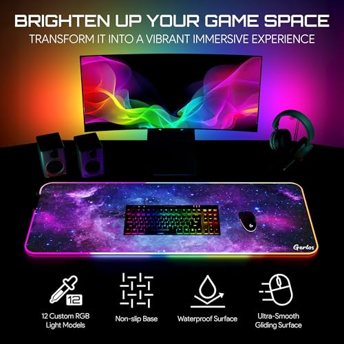 Gerlos RGB Gaming Mouse Pad, Large LED Desk Mat, 31.5 x 11.8 Inch | 12 light modes, non-slip base, water-resistant surface, stitched edges - color: Violet