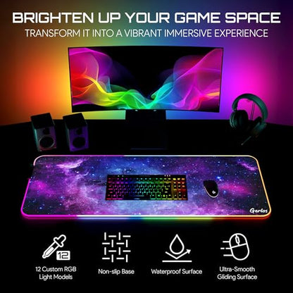 Gerlos RGB Gaming Mouse Pad, Large LED Desk Mat, 31.5 x 11.8 Inch | 12 light modes, non-slip base, water-resistant surface, stitched edges - color: Violet