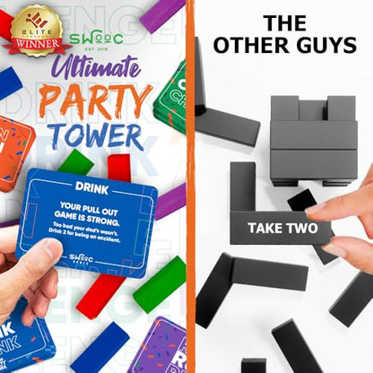 SWOOC Games - Ultimate Party Tower™ - 100 Original Commands, 60 Blocks, & 1000s of Hilarious Rule Combinations - A Tipsy Spin on Fun Classic Games for Power Hour - Ages 21+ - Wooden Tower Blocks Game