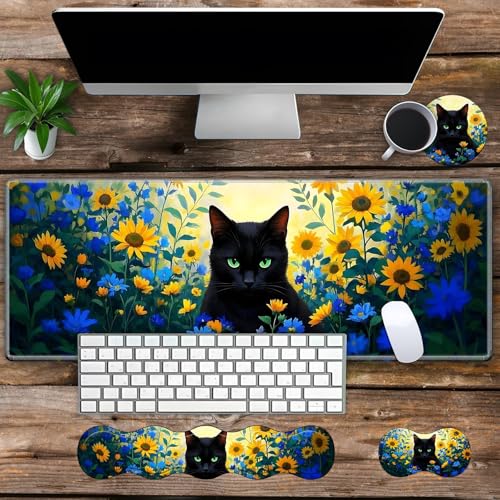 Large Gaming Mouse Pad Set with Wrist Support – 31.5" x 11.8" 4-in-1 XXL Mousepad with Keyboard Wrist Rest, Mouse Wrist Rest & Coaster – Ergonomic Desk Mat for Office, Home – Black Cat Flower - color: Black Cat Flower